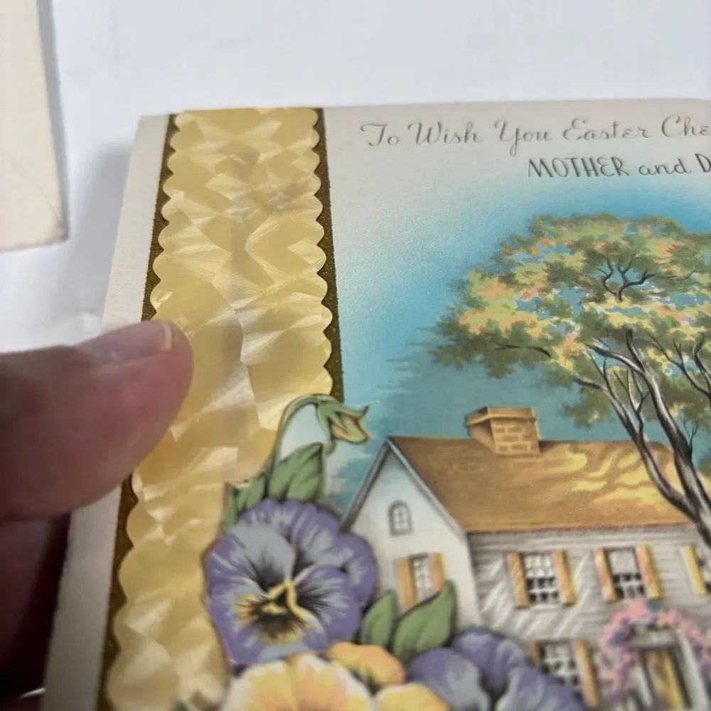 Vintage Easter Greeting Card Mother Dad Gold Foil Embossed House Pansies 1952